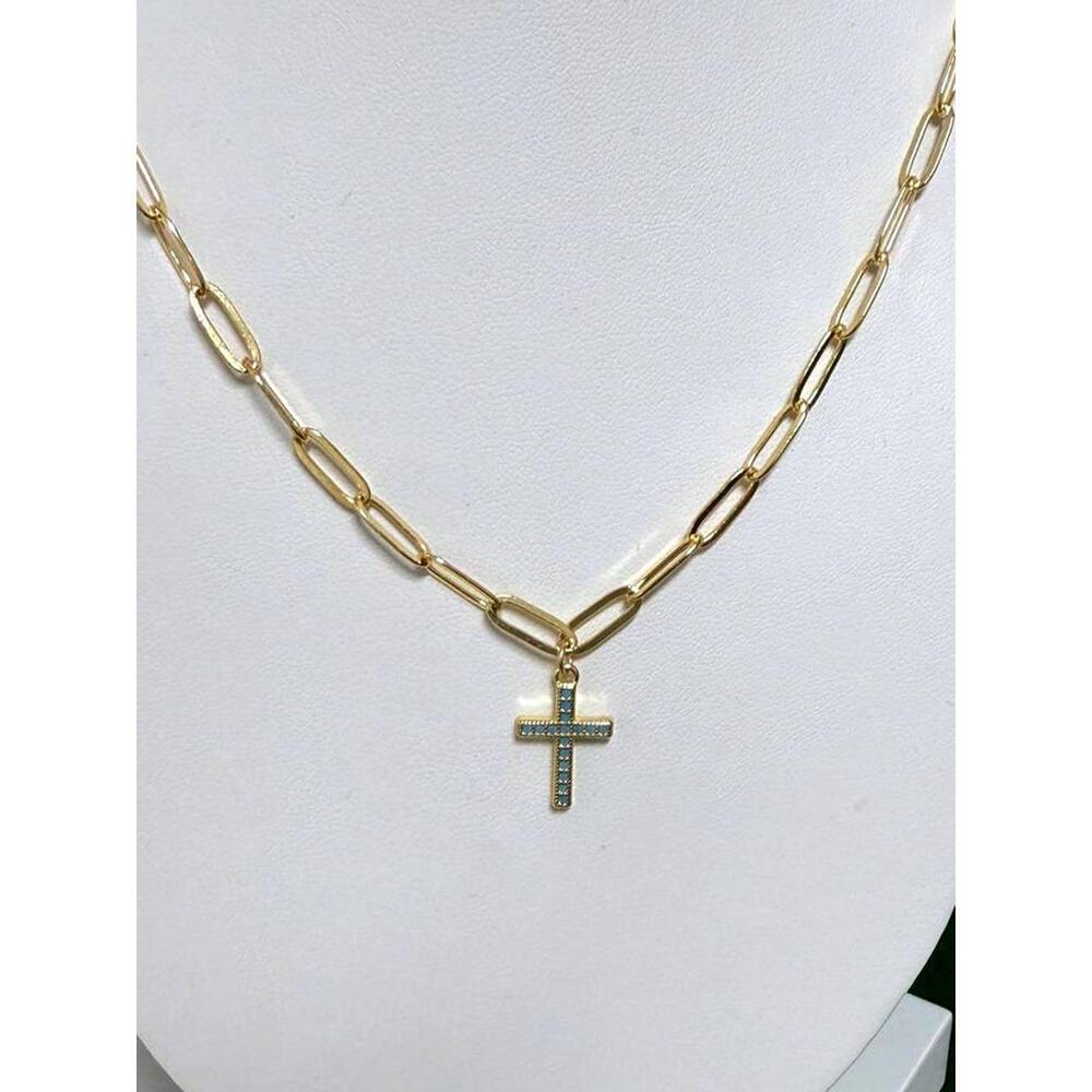 Gold Filled Paperclip Chain Necklace with Cross Pendant